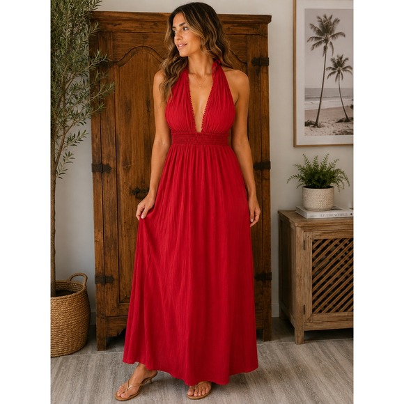 Tiare Hawaii Dresses & Skirts - Tiare Hawaii Hollie Maxi Dress Red Halter Smocked Waist Boho One Size